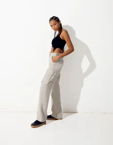 Damen hohe Taille Cargohose lässige Streetwear stilvolle lockere Hose hellgrau schickes Outfit