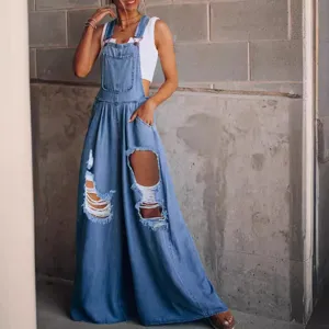 Women casual loose distressed denim overalls wide leg vintage aesthetic dungarees pants