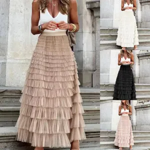 Women Summer Fashion Casual Mesh Tiered Long Skirt High Waist Solid Color Elegant Maxi Skirt Female Clothing