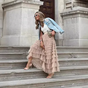 Fashion women mesh tiered skirt summer casual high waist fluffy tulle cake skirt long maxi.