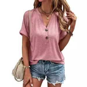 Dames effen kleur v-hals korte mouw knop casual losse zomer top chique dames blouse.