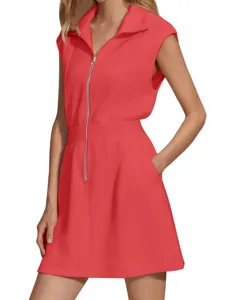 Women sleeveless zip front dress casual summer coral red short dress with pockets