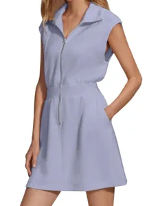 Sleeveless zip-front mini dress with convenient pockets casual summer daily wear apparel.