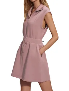 Pink sleeveless zip-up dress detail showing collar and front pockets for daily wear.
