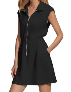 Detailed view of women black sleeveless zip front dress with functional side pockets.