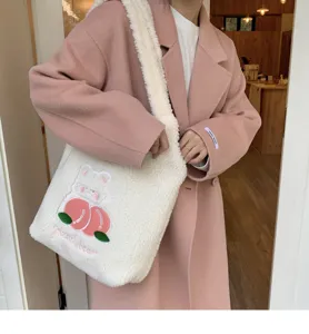 Cute plush shoulder bag for women winter fluffy tote bag cartoon peach embroidery shopping bag