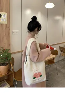Korean style cute peach bear plush shoulder bag fluffy winter tote bag for women students