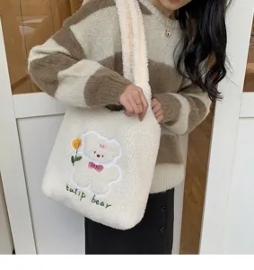 Fluffy plush shoulder bag with cute bear and tulip embroidery, cozy winter tote bag for daily use.