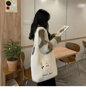 fluffy tote bag winter plush shoulder bag cute bear cartoon casual shopper bag for women