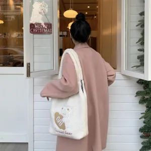 Korean ins winter large capacity plush shoulder bag cute cartoon bear tote shopping bag