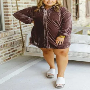Plus size velvet long sleeve shirt dress, casual loose button down tunic for women daily wear.