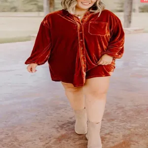 Casual loose velvet shirt dress for women, long sleeve button down tunic top in rust red.