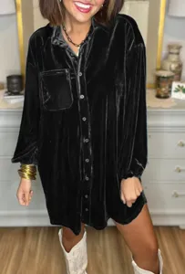 Black velvet long sleeve oversized shirt dress detailed view, casual fashion apparel.