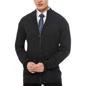 Men's dark grey ribbed full-zip cardigan sweater with stand collar and long sleeves.