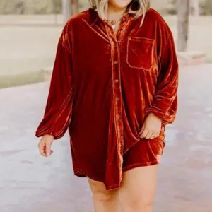 Women Casual Loose Velvet Long Sleeve Shirt Dress V-Neck Single-Breasted Solid Color Pocket Midi Dress Casual Daily Apparel