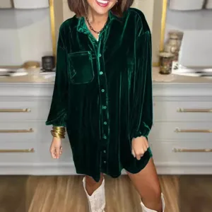 Women Casual Loose Velvet Long Sleeve Button Up Shirt Dress Green Autumn Outfit