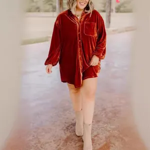 Plus size women long sleeve velvet shirt dress casual loose autumn button down mini dress