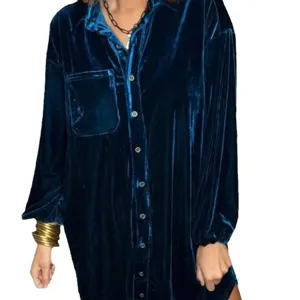 Casual loose velvet button-down shirt dress for women, stylish long sleeve winter apparel.
