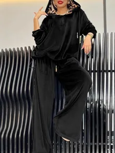 Vrouwen fluwelen tweedelige set leopard gevoerde hoodie wijde broek casual 2025