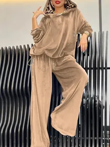 Dames fluwelen huispak set 2025 casual leopard hoodie en wijde broek outfit super chic