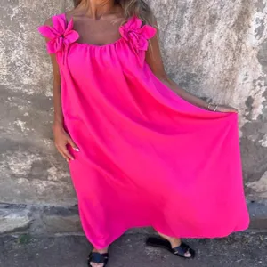 Summer solid color flower strap long dress elegant fashion women party maxi dress