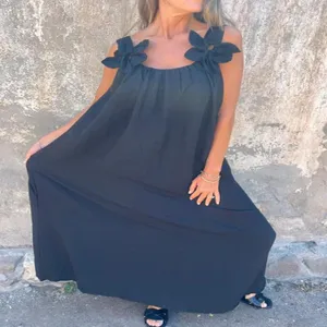 Summer women solid color floral strap long evening dress elegant black sleeveless maxi dress