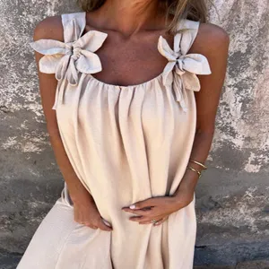 Summer sleeveless solid color dress with cute shoulder flower straps for women fashion.