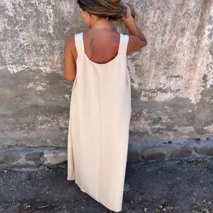 Summer solid color sleeveless midi dress casual loose backless long dress for women