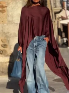 Camiseta Casual Suelta e Irregular de Satén para Mujer Verano Estilo Europeo Manga Murciélago Corta Color Sólido