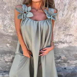 Women Summer Solid Color Sleeveless Dress Floral Strap Casual Elegant Midi Dress