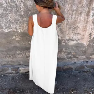 Summer solid color sleeveless maxi dress women back view detail showcasing relaxed white style.
