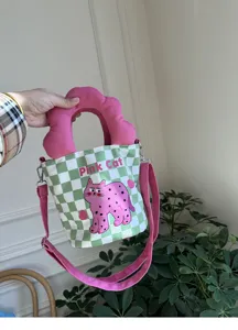 Borsa a secchiello in tela verde a quadri con manico a nuvola rosa e gatto carino.