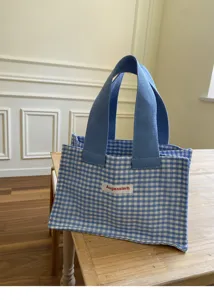 Mini blue and white gingham canvas tote bag, cute and versatile daily storage handbag.