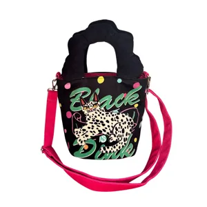 Elegante borsa secchiello in tela con manico a nuvola e gatto, pratica borsa a tracolla.