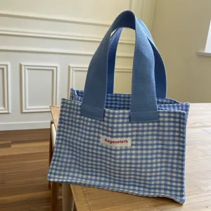 Blue and white gingham canvas mini tote bag, cute portable casual storage handbag for daily use.