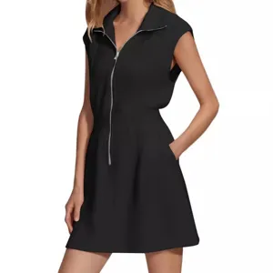 2024 New Women Solid Black Sleeveless Zip Up Dress Casual Summer Mini Dress Elegant
