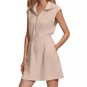 Women sleeveless zip up short dress casual elegant summer solid color mini dress pockets