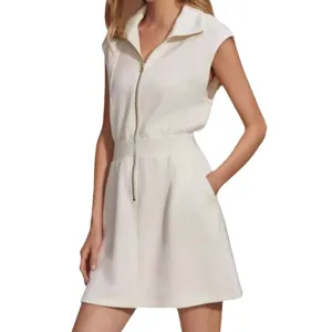 White sleeveless zip up mini dress for women casual solid color summer short dress