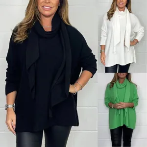 Stylish women casual solid color knit sweater with matching scarf winter turtleneck pullover top
