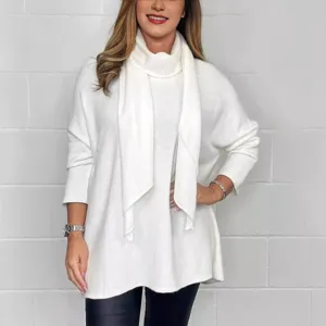 White turtleneck knit sweater with matching scarf for women, cozy casual autumn winter apparel.