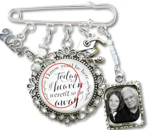 DIY memorial photo brooch pin with custom picture charm and graduation elements for bouquet.