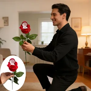 Red flocked rose ring box with long stem, romantic proposal gift holder for engagement rings.