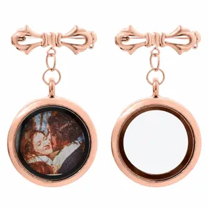 Rose gold tone butterfly bow pendant locket brooch pins, vintage photo frame badge jewelry.