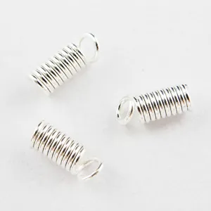 Silver spring cord end caps for jewelry making, DIY necklace clasps, metal bead tips.