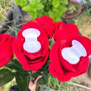 Flocked red rose ring box proposal gift box jewelry storage box with stem green leaves