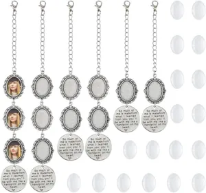 Detail view of DIY bouquet photo charms with ornate bezels, chains, and glass cabochons.