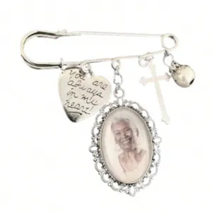 DIY memorial photo brooch pin for wedding bouquet, silver charm brooch with heart pendant.