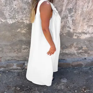 Summer solid color sleeveless maxi dress for women loose casual long beach dress white