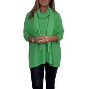 Women solid color casual green knit pullover sweater with matching scarf for autumn winter.