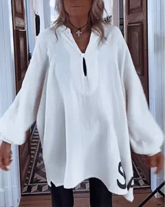 2024 Herbst Damen Casual Lose V-Ausschnitt Langarm Weiße Bluse Mit Buchstaben Druck